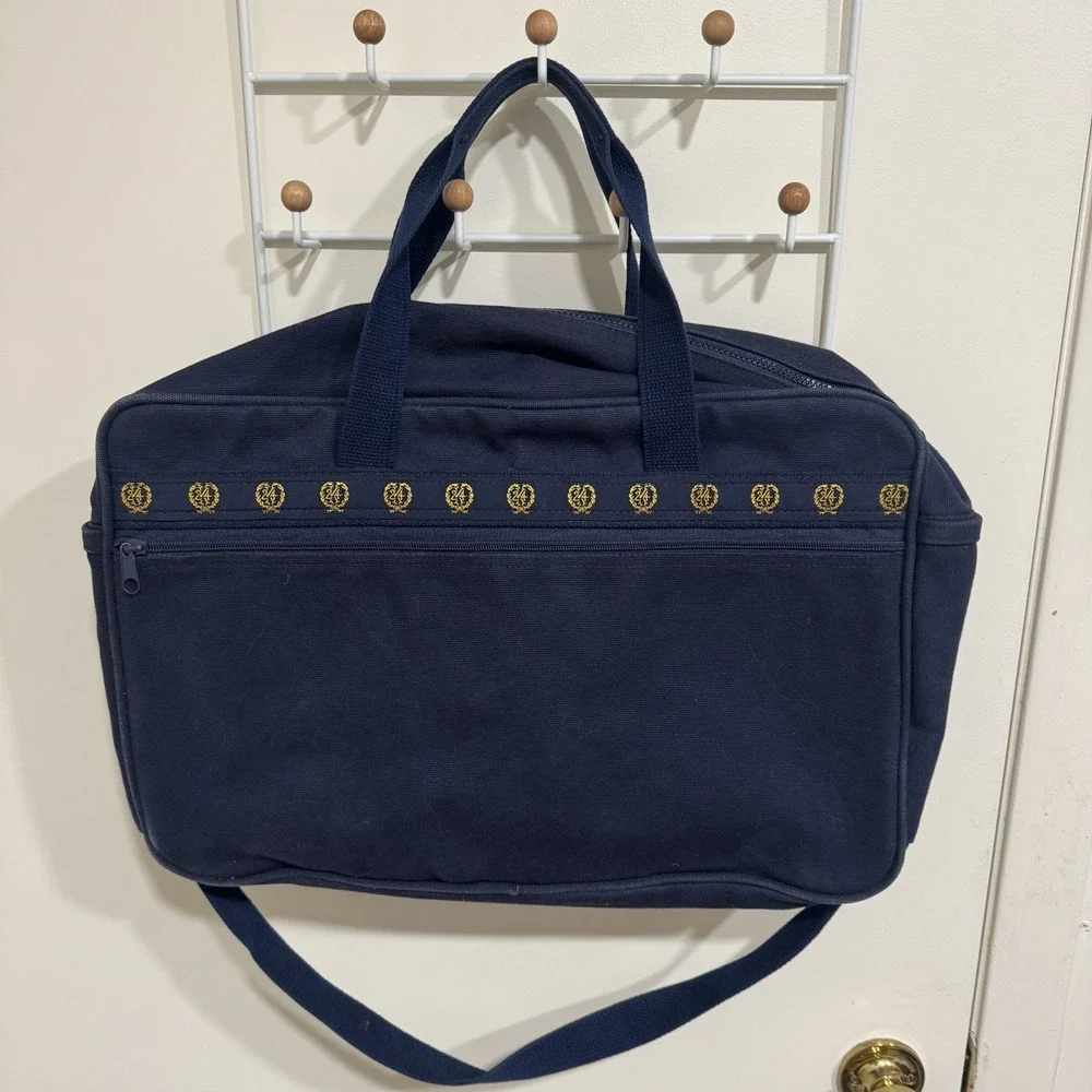 Vintage Warden Brooks Navy Blue Gold 24 Wreath Logo Laptop Canvas Bag Tote USA